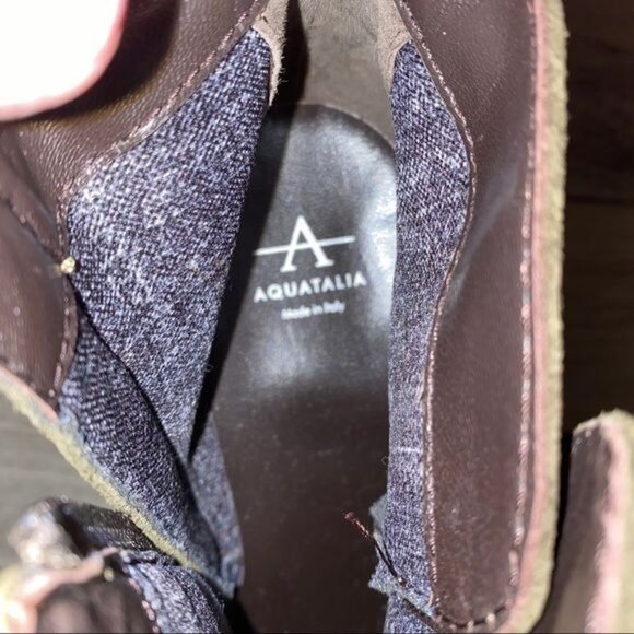 Aquatalia Womens 9.5 Olive Green Suede Heeled Booties Brown Leather Ankle Strap - Picture 9 of 11